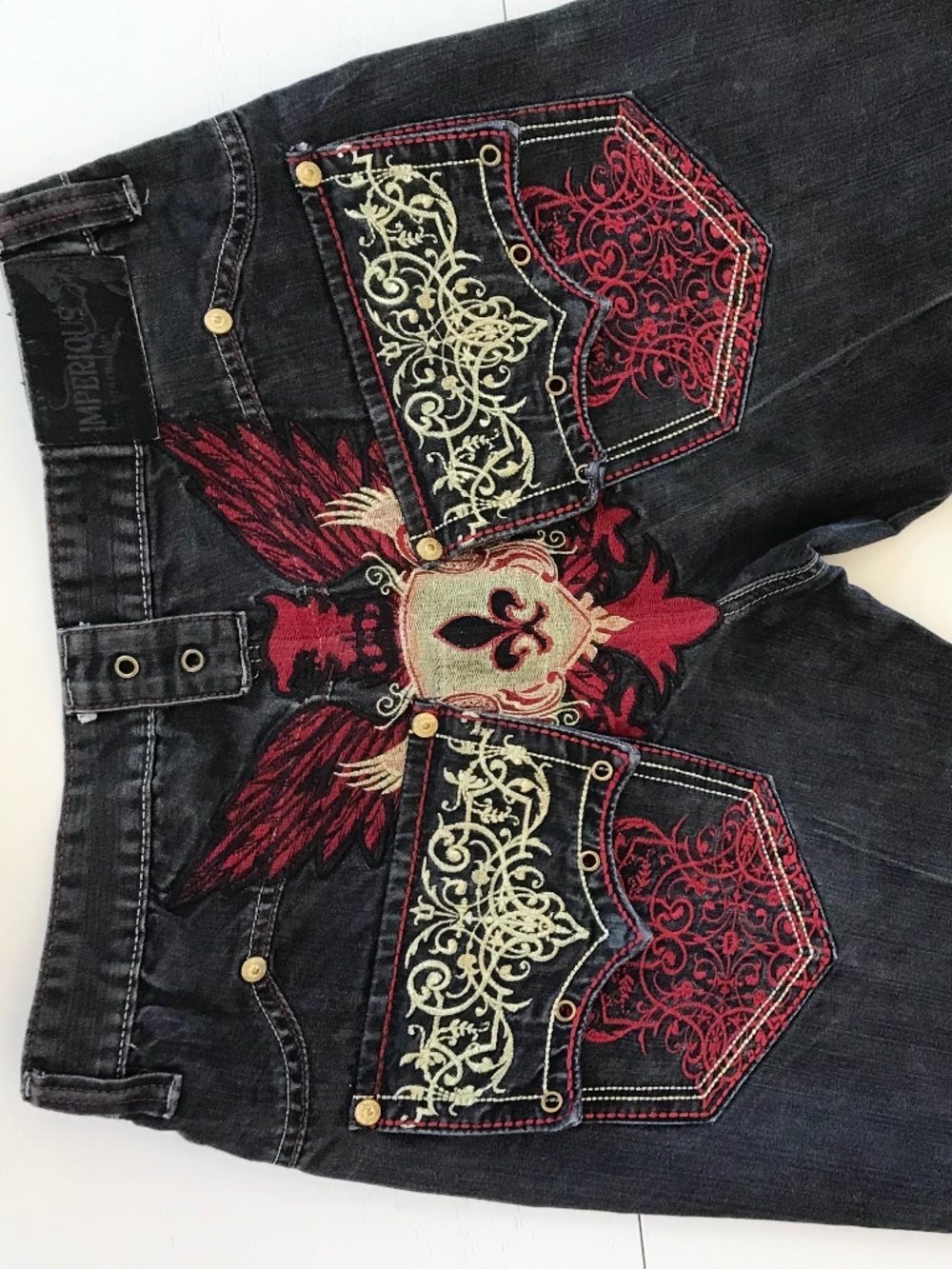 Y2K GOTH SKATER BAGGY/RELAXED FIT CYBER GRUNGE HEAVILY EMBROIDERED WINGS